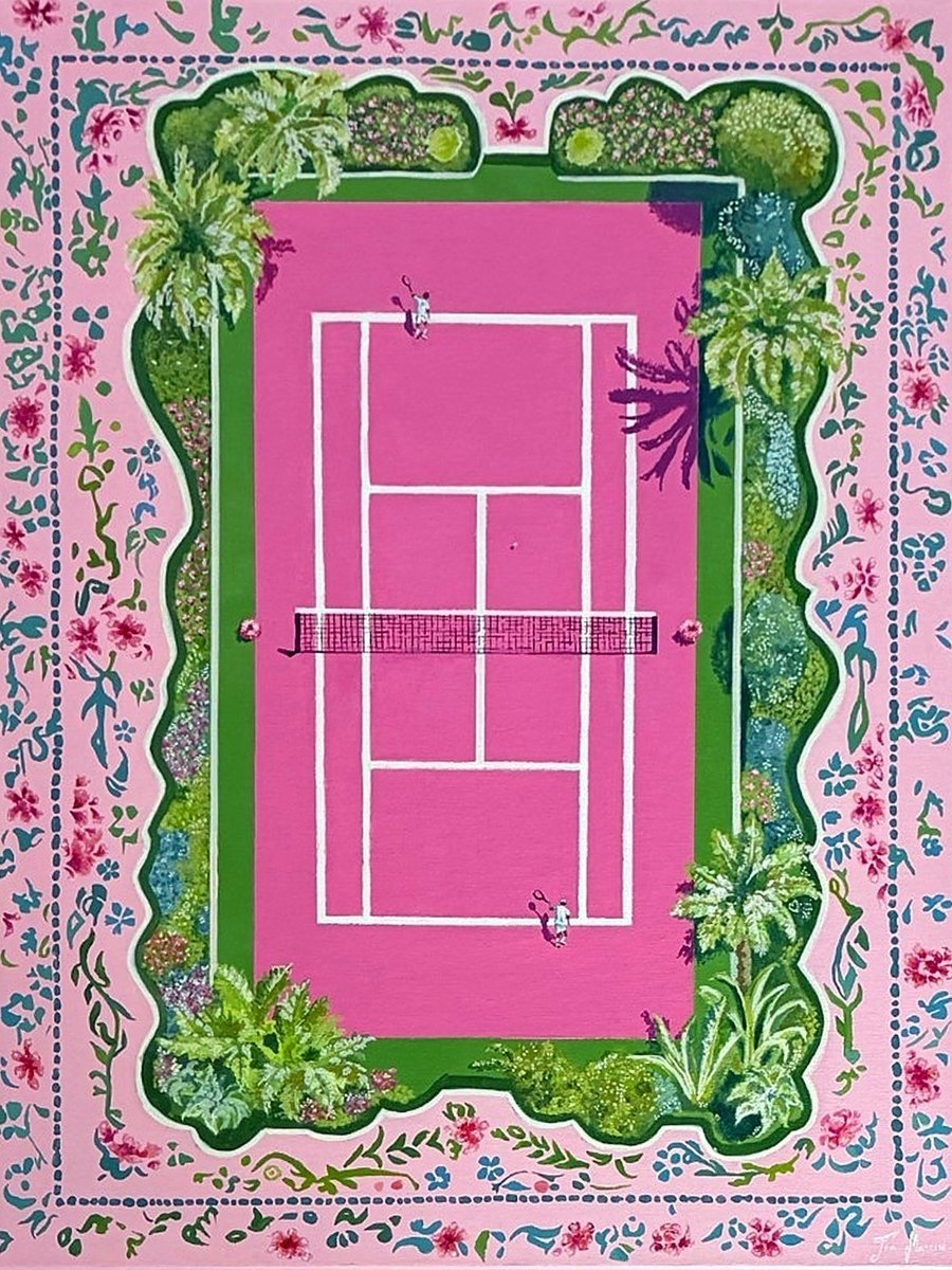 Tennis Court, a pink court with green hedges inside a floral tile border, acrylic on canvas